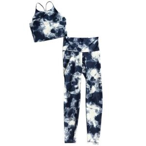 Old Navy Powersoft Activewear Set Blue White Tie-Dye Leggings & Longline Bra Top